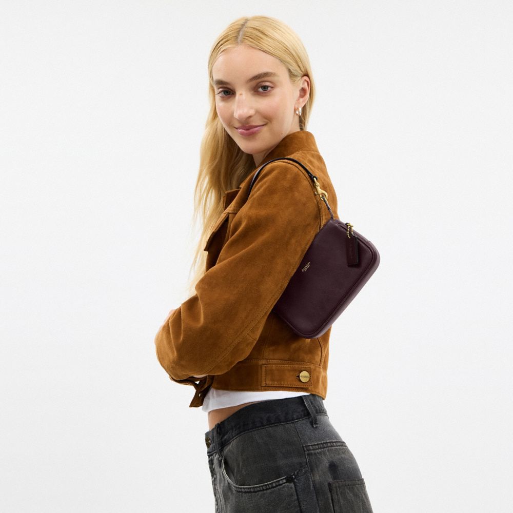 COACH®,Plaza Bag 18,Leather,Shoulder Bag,Lined,Compact,Adjustable,Brass,Gold Metal,Day Party,Purple,Detail View