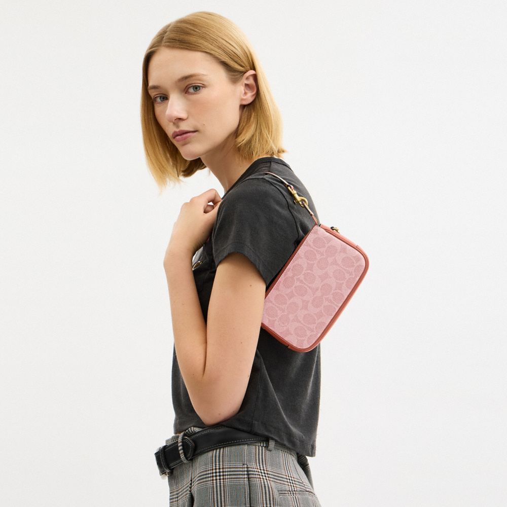 COACH®,Plaza Bag 18 In Signature Canvas,Calfskin Leather,Leather,Canvas,Fabric,Shoulder Bag,Logo,Compact,Lined,2 in 1,Bras...,Pink,Detail View