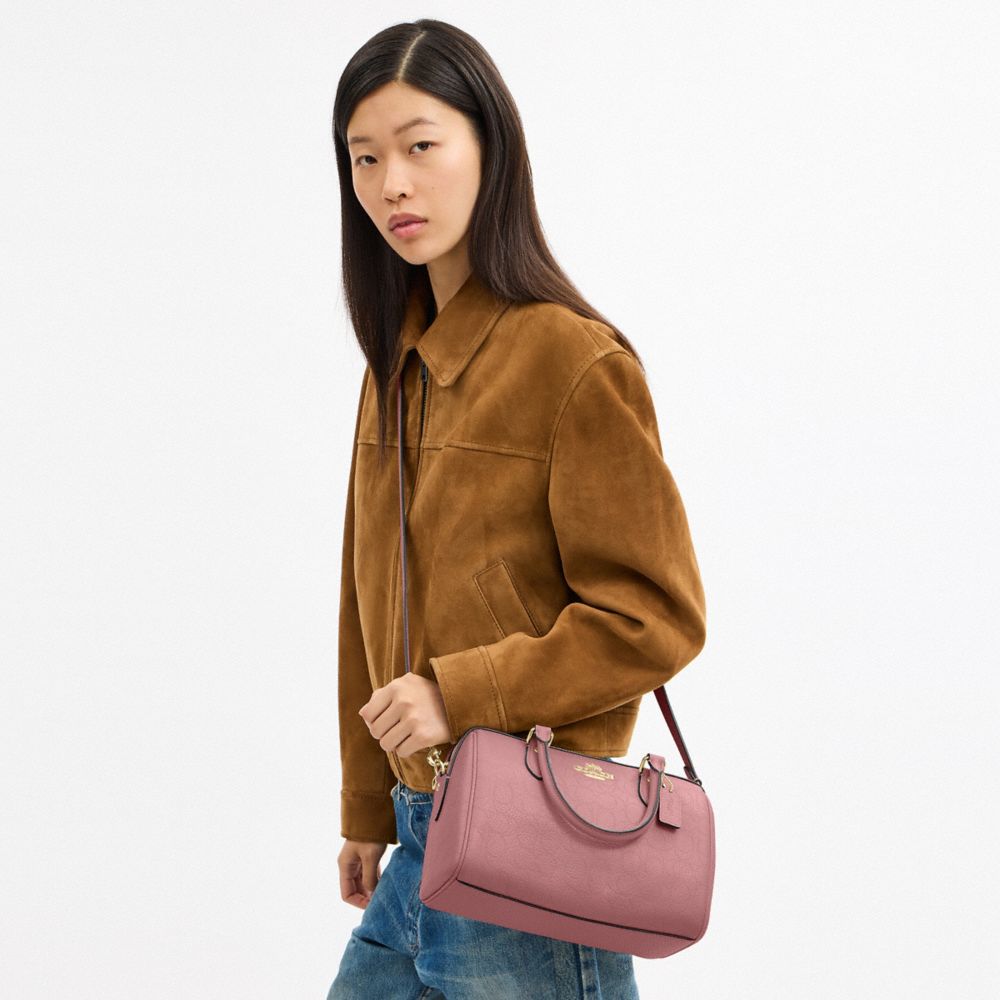 COACH®,Rowan Satchel Bag In Signature Leather,Fabric,Leather,Barrel Bag,Lined,Adjustable,Gold Metal,Day Party,Blush