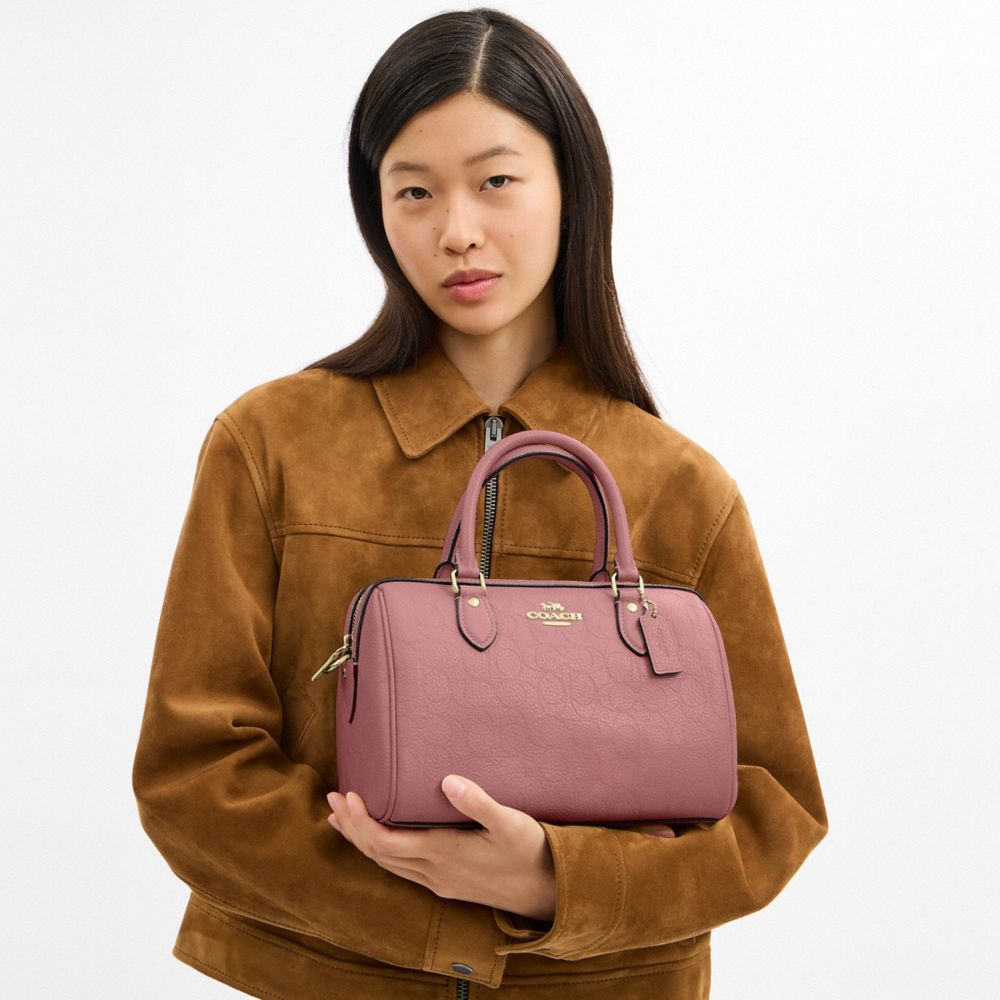 COACH®,Rowan Satchel Bag In Signature Leather,Fabric,Leather,Barrel Bag,Lined,Adjustable,Gold Metal,Day Party,Blush,Detail View