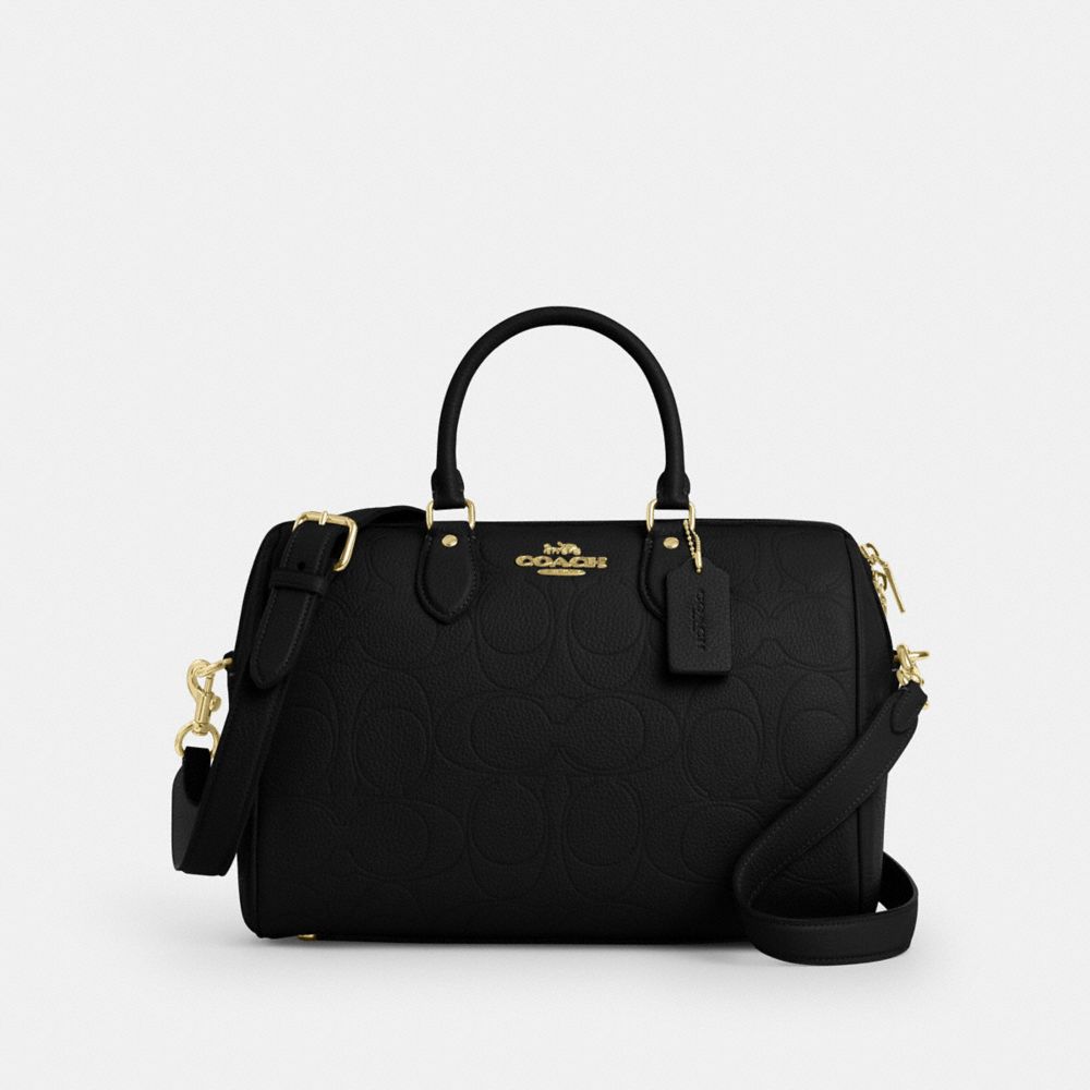 COACH®,Rowan Large Satchel Bag In Signature Leather,Leather,Barrel Bag,Logo,Adjustable,Lined,Gold Metal,Work,Black,Front View