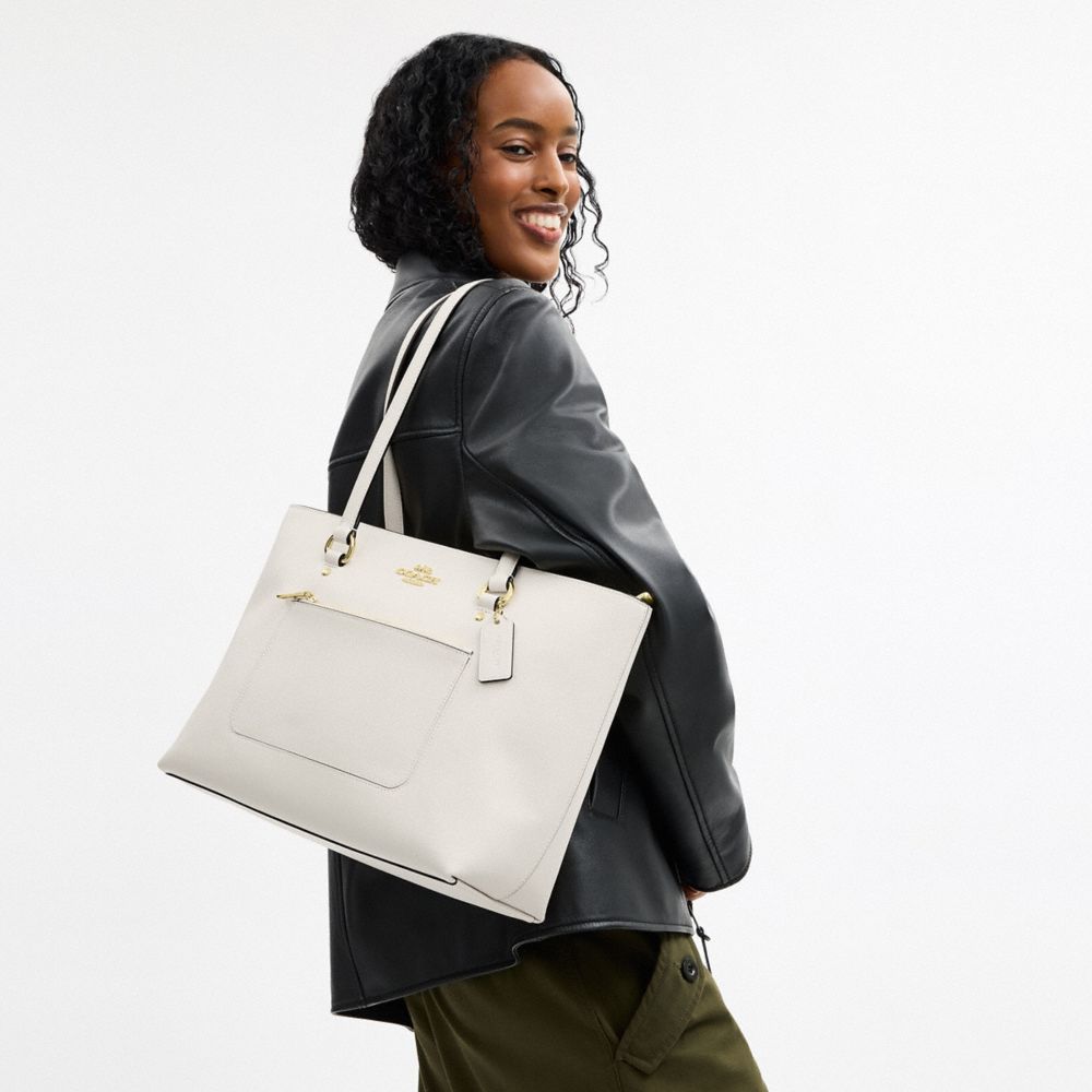 COACH®,Station Tote Bag,Leather,Canvas,Lining Canvas,Mixed Media,Tote,Lined,Gold Metal,Work,White,Detail View