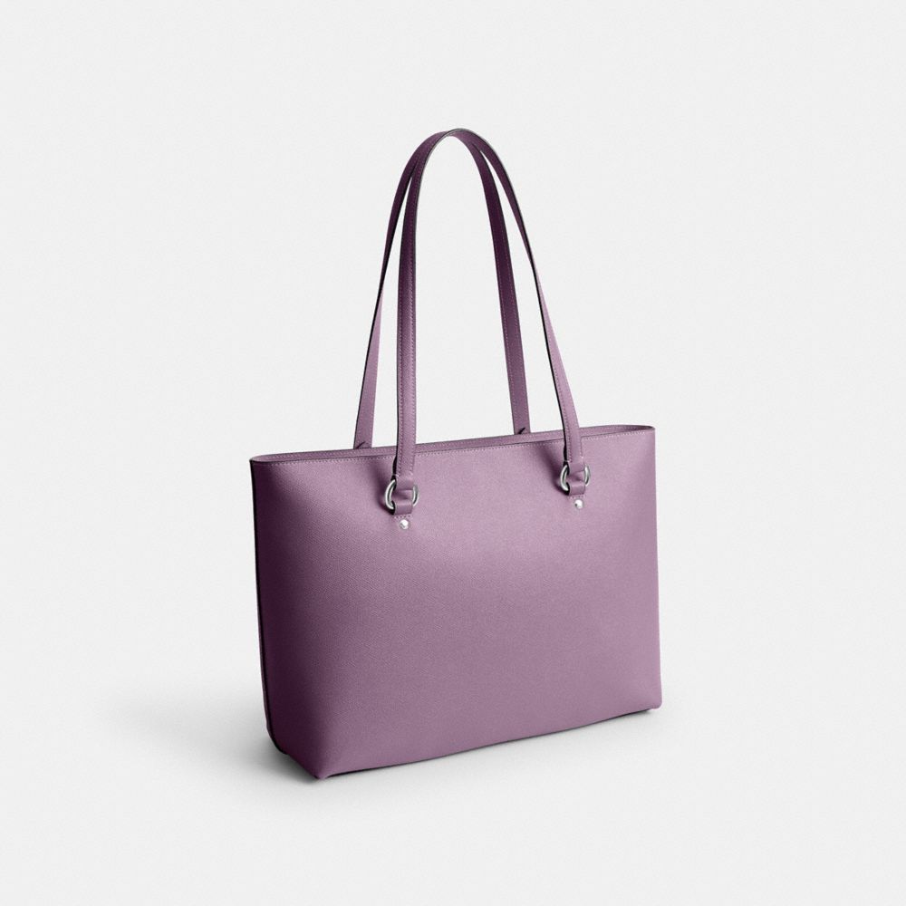 COACH®,Station Tote Bag,Leather,Canvas,Lining Canvas,Mixed Media,Tote,Lined,Gold Metal,Work,Purple,Angle View
