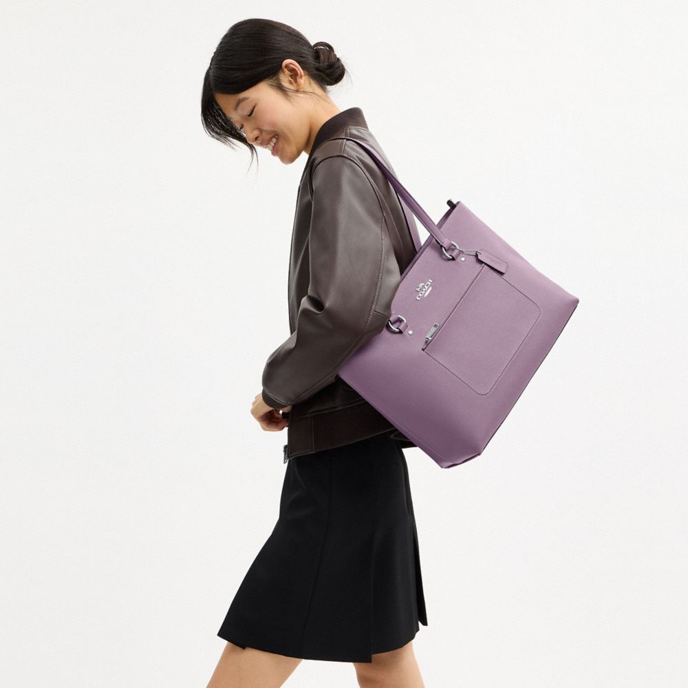 COACH®,Station Tote Bag,Leather,Canvas,Lining Canvas,Mixed Media,Tote,Lined,Gold Metal,Work,Purple,Detail View