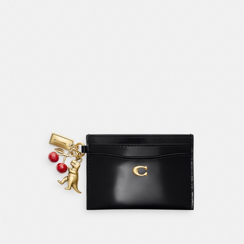 Coach Essential Card Case In Spazzolato Leather With Charms In Black