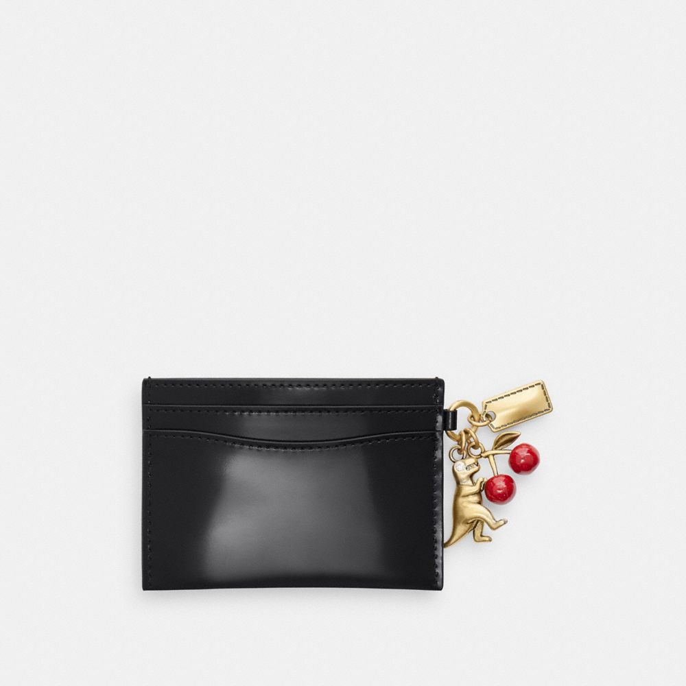 Coach Essential Card Case In Spazzolato Leather With Charms In Black