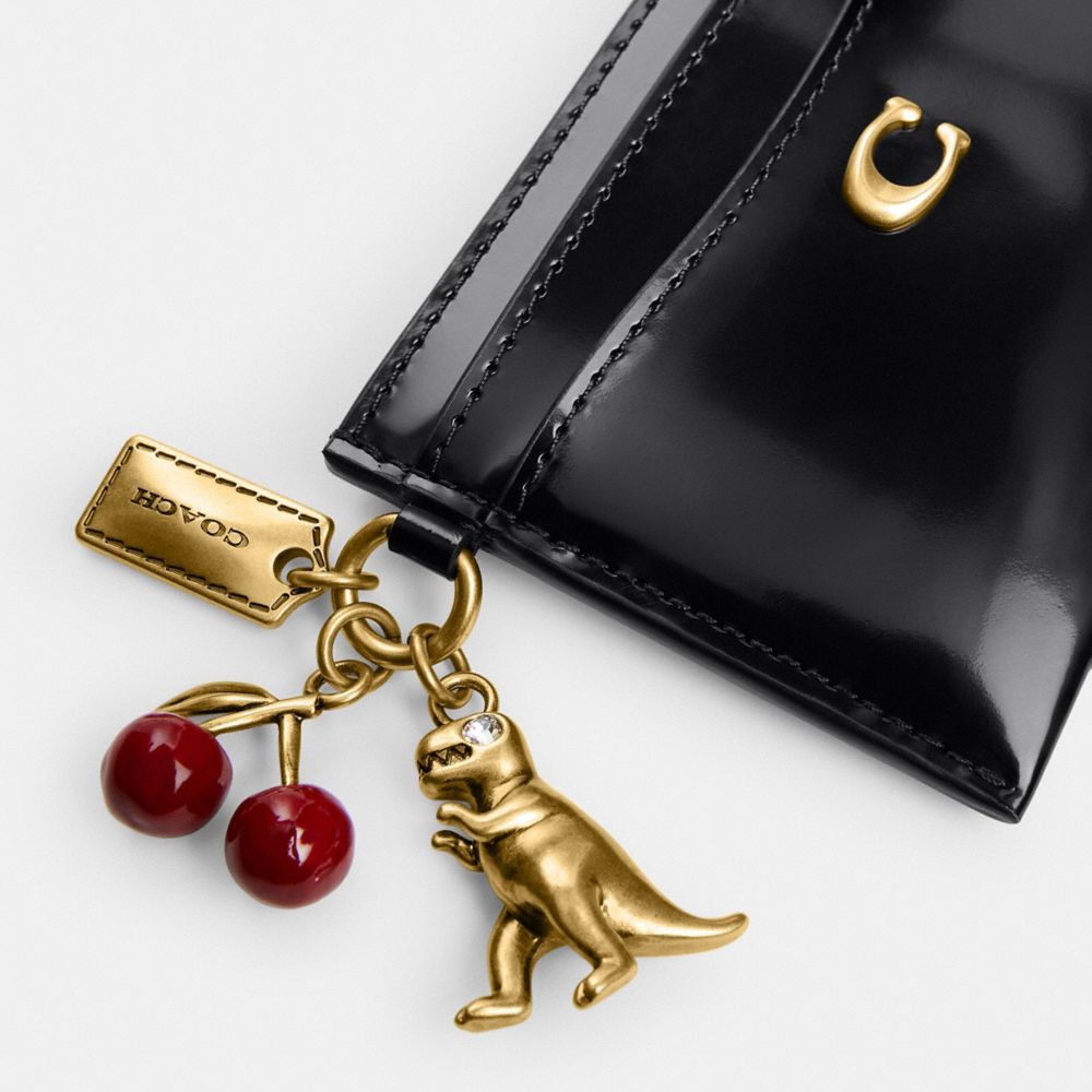 Coach Essential Card Case In Spazzolato Leather With Charms In Black