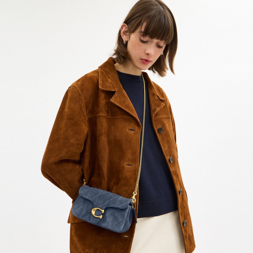 COACH®,Tabby Chain Crossbody Bag 19 With Quilting,Suede,Leather,Crossbody,Chain Detail,Quilted,Logo,Compact,Padded,Lined,2...,Blue,Detail View