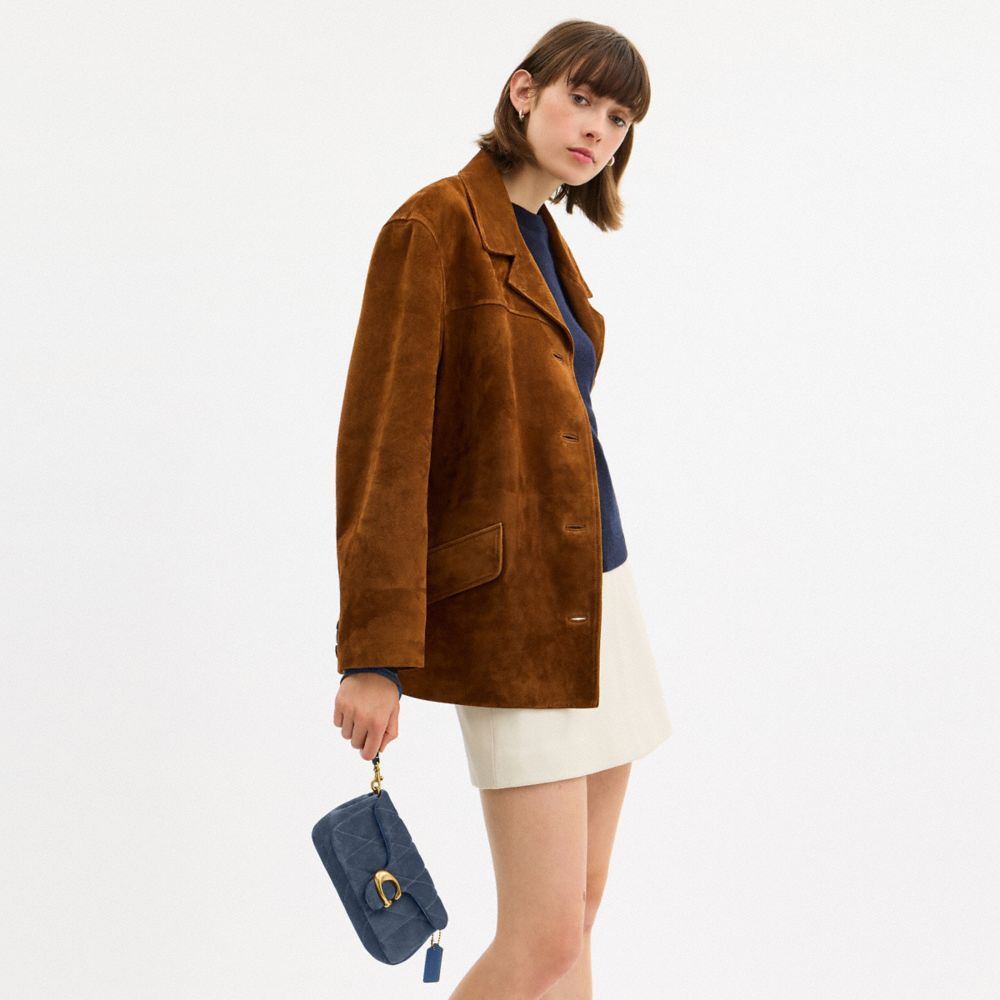 COACH®,Tabby Chain Crossbody Bag 19 With Quilting,Suede,Leather,Crossbody,Chain Detail,Quilted,Logo,Compact,Padded,Lined,2...,Blue,Detail View