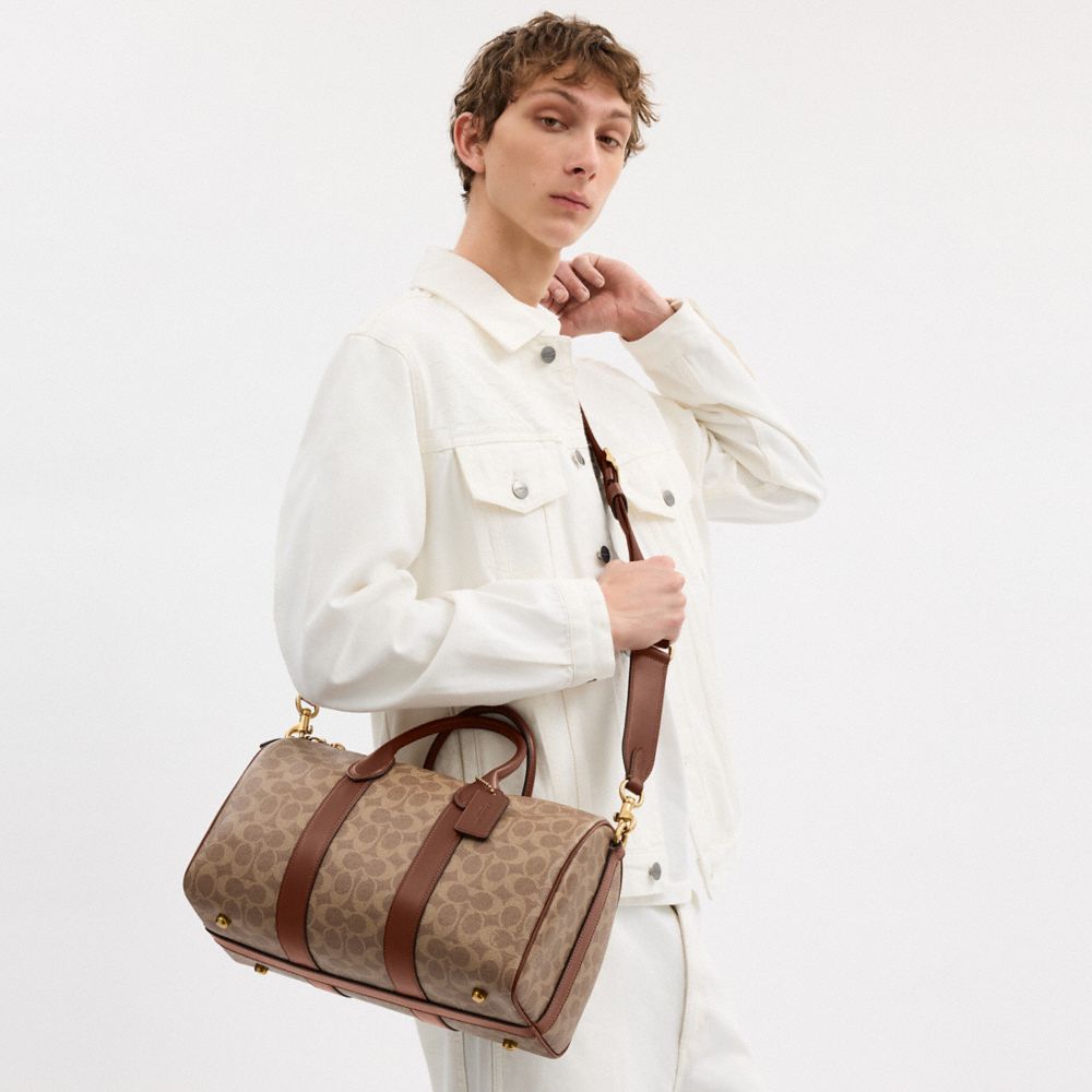COACH®,Compass Bag 35 In Signature Canvas,Canvas,Leather,Weekender,Gold Metal,Beige,Detail View