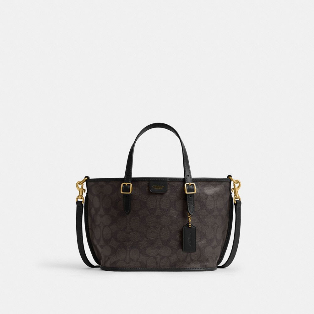 COACH®,タクシー トート バッグ 21・シグネチャー キャンバス,トートバッグ,ﾌﾞﾗｽ/ﾌﾞﾗｯｸ ﾌﾞﾗｯｸ,ﾌﾞﾗｽ/ｳｫﾙﾅｯﾄ ﾌﾞﾗｯｸ,Front View