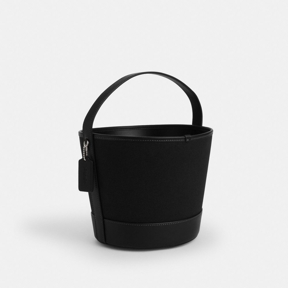 COACH®,Trick Or Treat Bucket With Halloween Cat In Regenerative Cotton,Black,Angle View