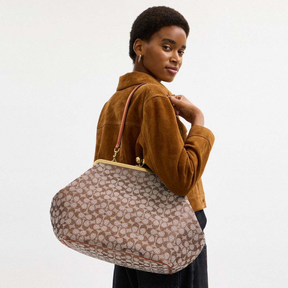 Coach Large Kisslock Frame Bag In Crystal Signature Jacquard