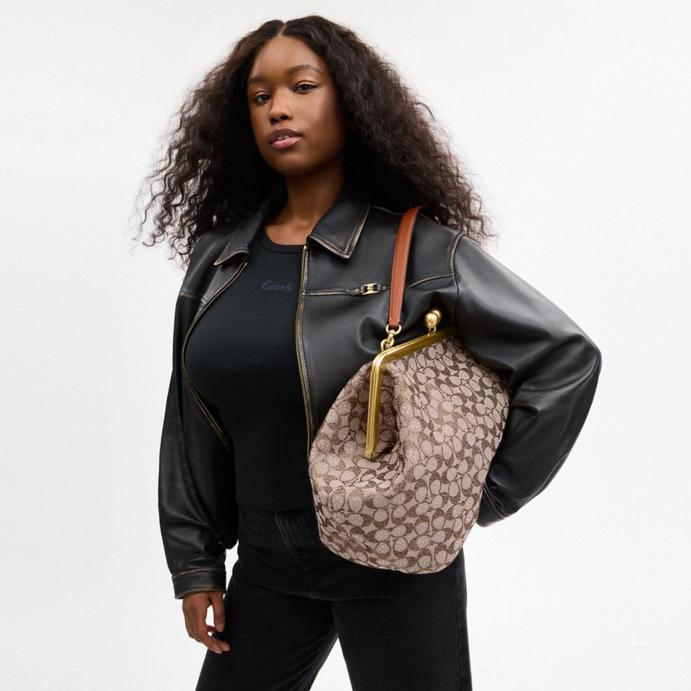 Coach Large Kisslock Frame Bag In Crystal Signature Jacquard