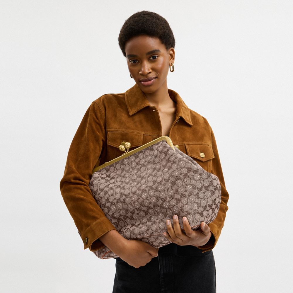 Coach Large Kisslock Frame Bag In Crystal Signature Jacquard