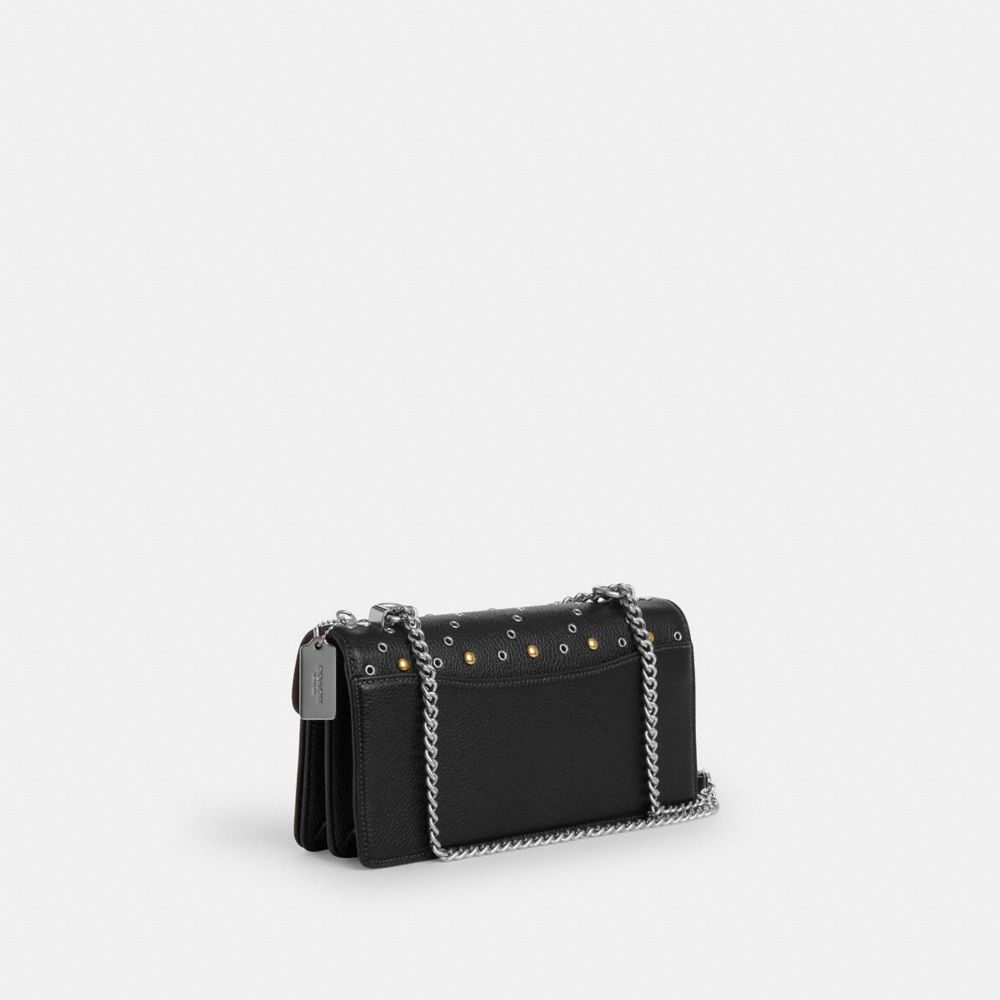 COACH®,Klare Envelope Crossbody Bag With Rivets,Leather,Crossbody,Logo,Studded,Day Party,Black,Angle View