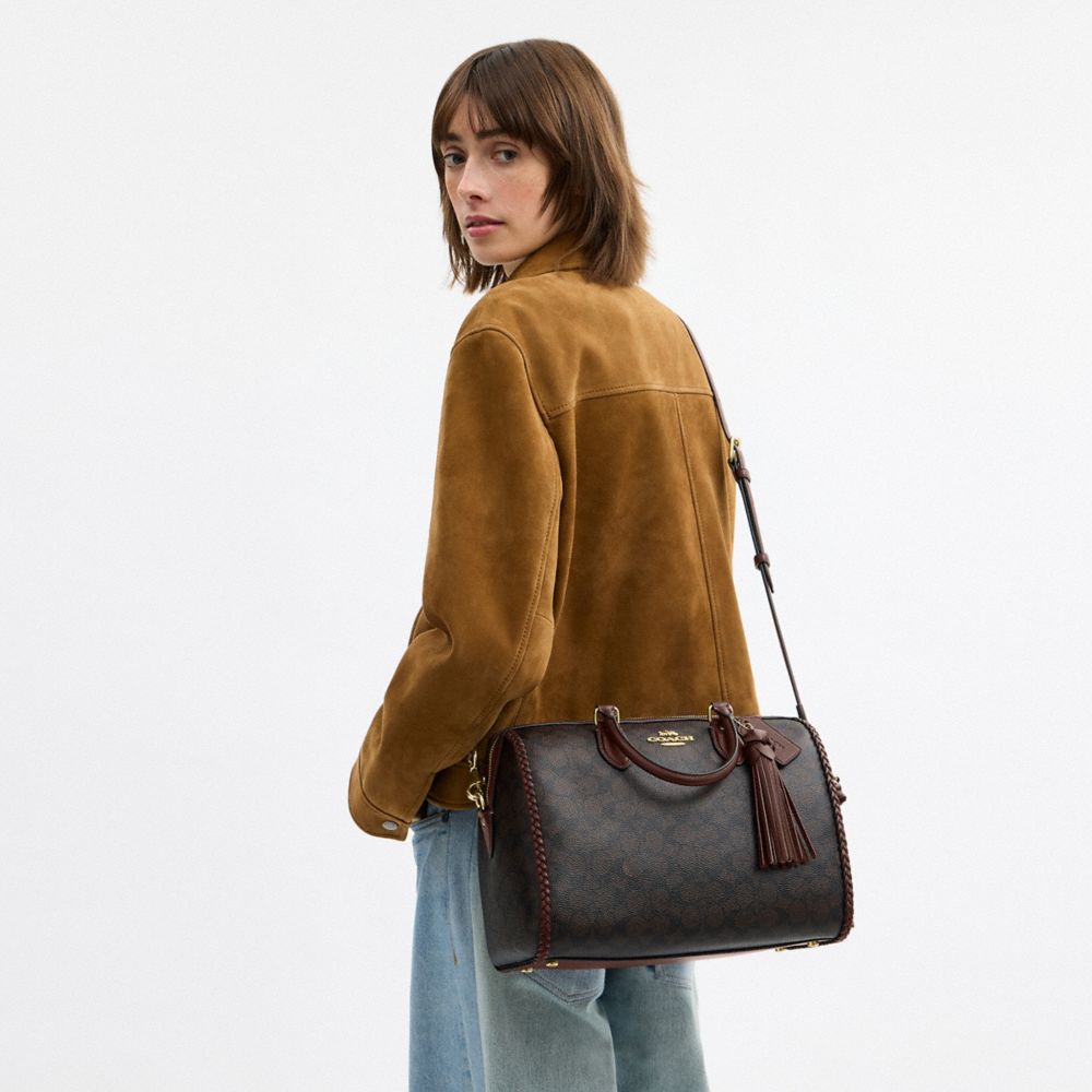 COACH®,Rowan Large Satchel Bag In Signature Canvas With Fringe,Brown