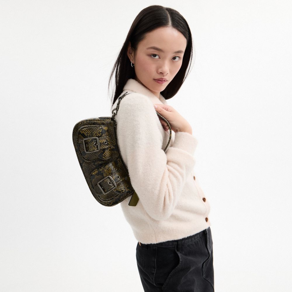COACH®,Ashton Bag With Snake Print,Leather,Shoulder Bag,Metal,Adjustable,Gunmetal,Party,Olive,Detail View