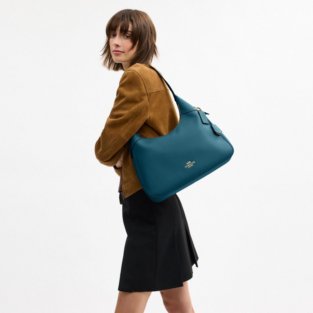 COACH®,Ella Shoulder Bag,Leather,Shoulder Bag,Lined,Adjustable,Gold Metal,Casual,Teal,Detail View