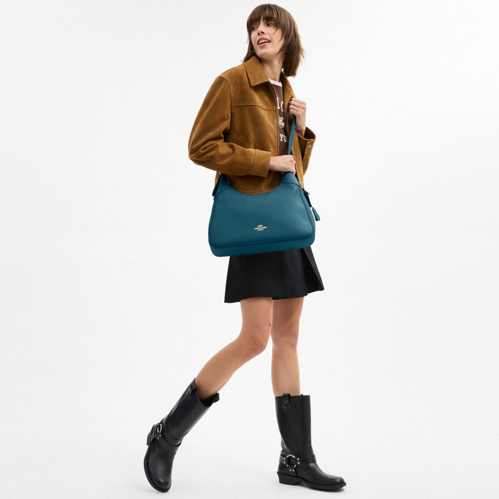 COACH®,Ella Shoulder Bag,Leather,Shoulder Bag,Lined,Adjustable,Gold Metal,Casual,Teal,Detail View