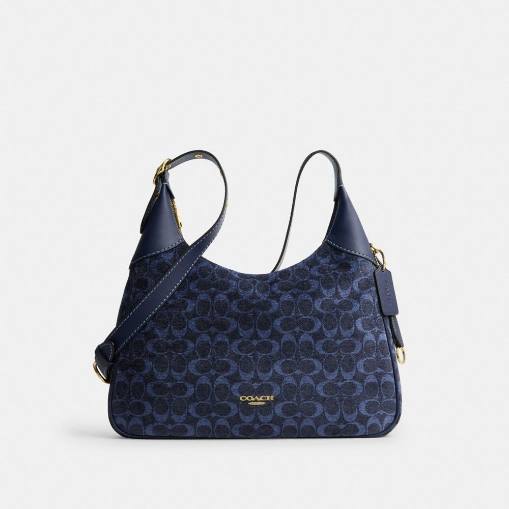 COACH®,Sac Bandoulière Ella En Chenille Signature,Moyen,Doré/Bleu Marine,Front View