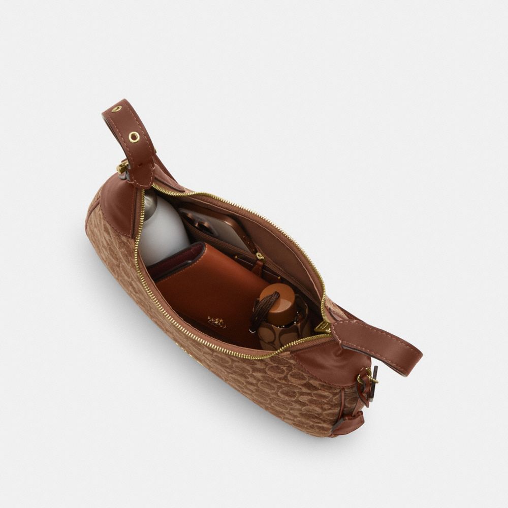 COACH®,Ella Shoulder Bag In Signature Chenille,Mixed Media,Leather,Crossbody,Logo,Metal,Word Embellishment,Adjustable,Line...,Brown,Inside View,Top View