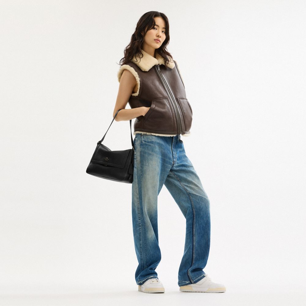 COACH®,Etta Flap Bag,Fabric,Leather,Shoulder Bag,Lined,Adjustable,Casual,Black,Detail View