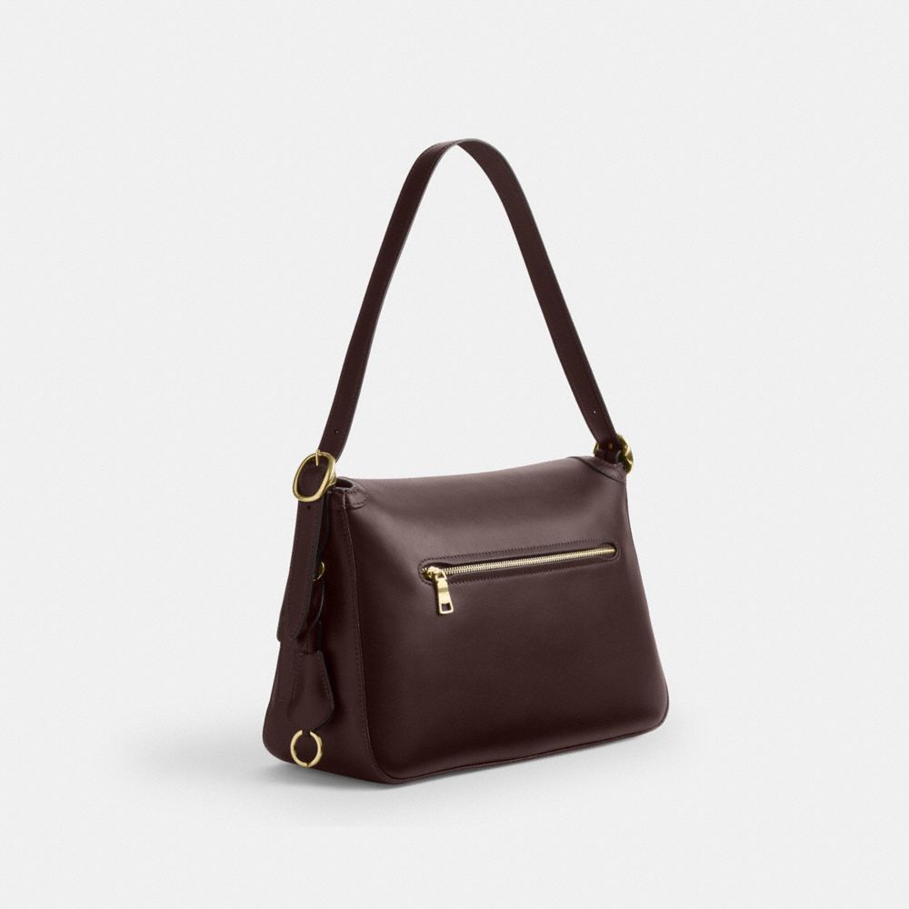 COACH®,Etta Flap Bag,Leather,Shoulder Bag,Lined,Adjustable,Gold Metal,Casual,Brown,Angle View