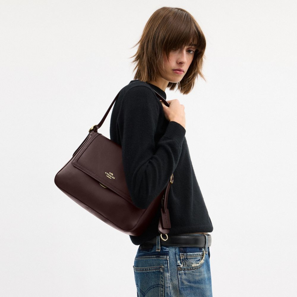 COACH®,Etta Flap Bag,Leather,Shoulder Bag,Lined,Adjustable,Gold Metal,Casual,Brown,Detail View