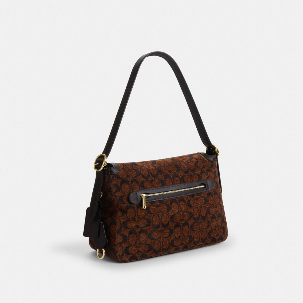 COACH®,Etta Flap Bag In Signature Chenille,Fabric,Mixed Media,Leather,Shoulder Bag,Word Embellishment,Logo,Adjustable,Line...,Brown,Angle View