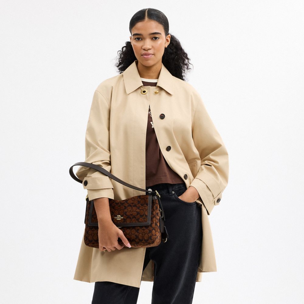 COACH®,Etta Flap Bag In Signature Chenille,Fabric,Mixed Media,Leather,Shoulder Bag,Word Embellishment,Logo,Adjustable,Line...,Brown,Detail View