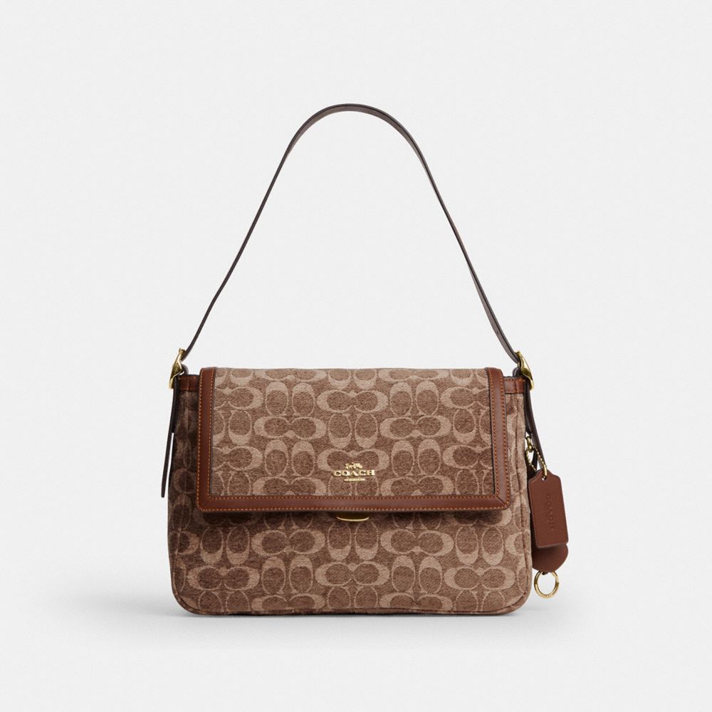 COACH®,Etta Flap Bag In Signature Chenille,Fabric,Mixed Media,Leather,Shoulder Bag,Word Embellishment,Logo,Adjustable,Line...,,Front View