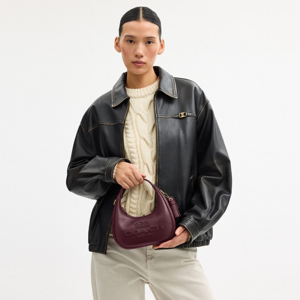 COACH®,Carmen Mini Crossbody Bag With Beaded Coach Graphic,Maroon,Detail View