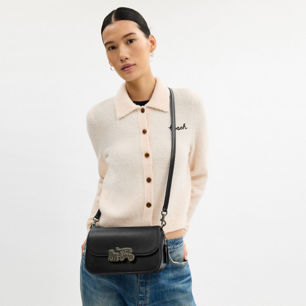 COACH®,Harper Shoulder Bag,Calfskin Leather,Leather,Fabric,Shoulder Bag,Metal,Logo,Lined,Compact,Gold Metal,Day Party,Black,Detail View