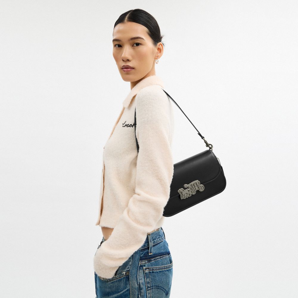 COACH®,Harper Shoulder Bag,Calfskin Leather,Leather,Fabric,Shoulder Bag,Metal,Logo,Lined,Compact,Gold Metal,Day Party,Black,Detail View