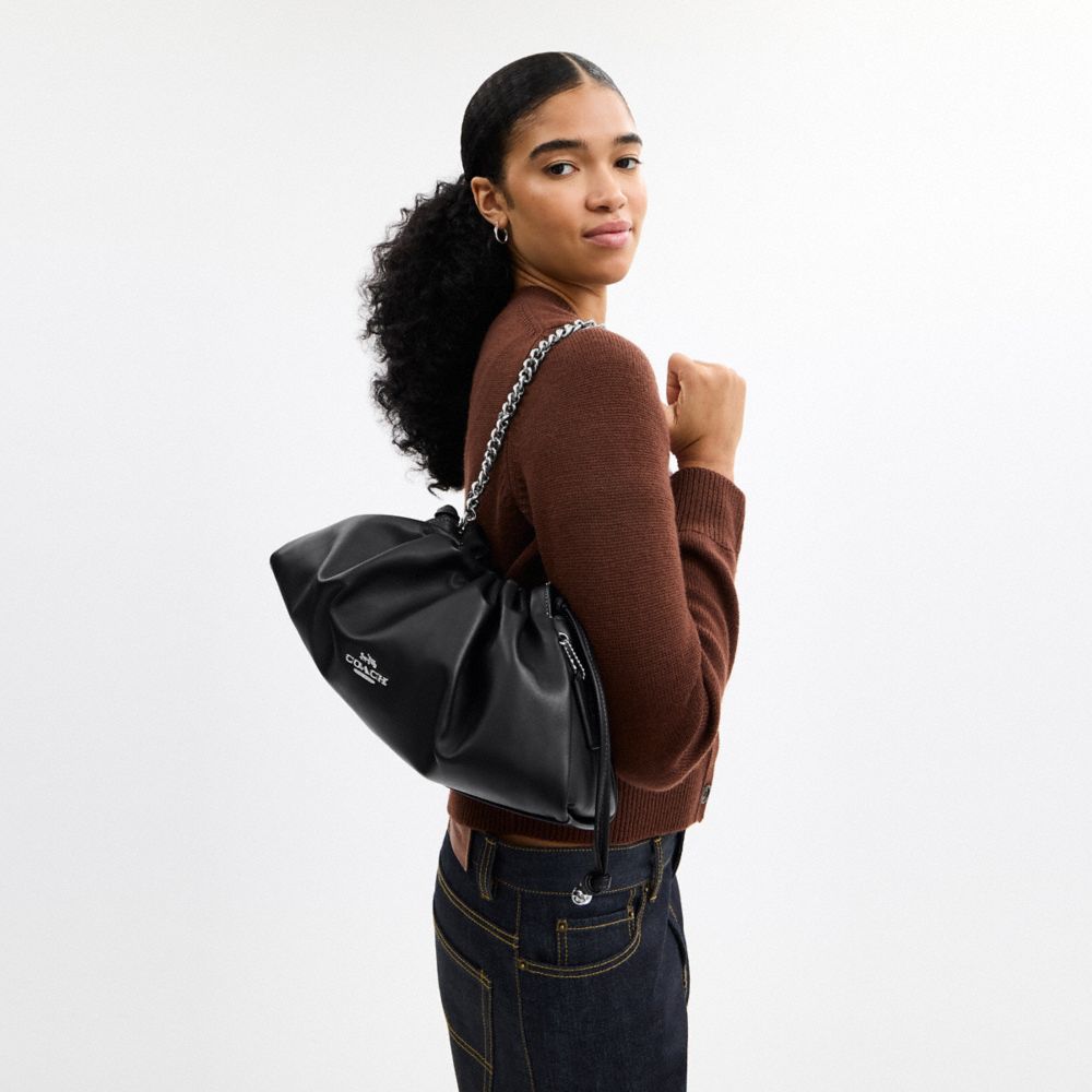 COACH®,Faye Large Shoulder Bag,Leather,Bucket,Ruched,Logo,Metal,Lined,Shoulder Guard,Silver Metal,Day Party,Black,Detail View