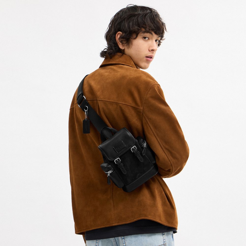 COACH®,Sprint Sling Pack,Suede,Calfskin Leather,Leather,Mesh,Backpack,Color Block,Lined,Compact,Adjustable,Casual,,Detail View