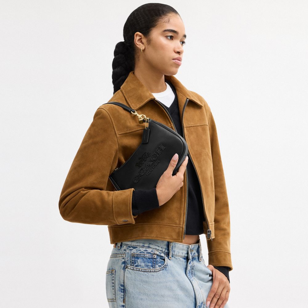 COACH®,Teri Shoulder Bag With Beaded Coach Graphic,Black,Detail View