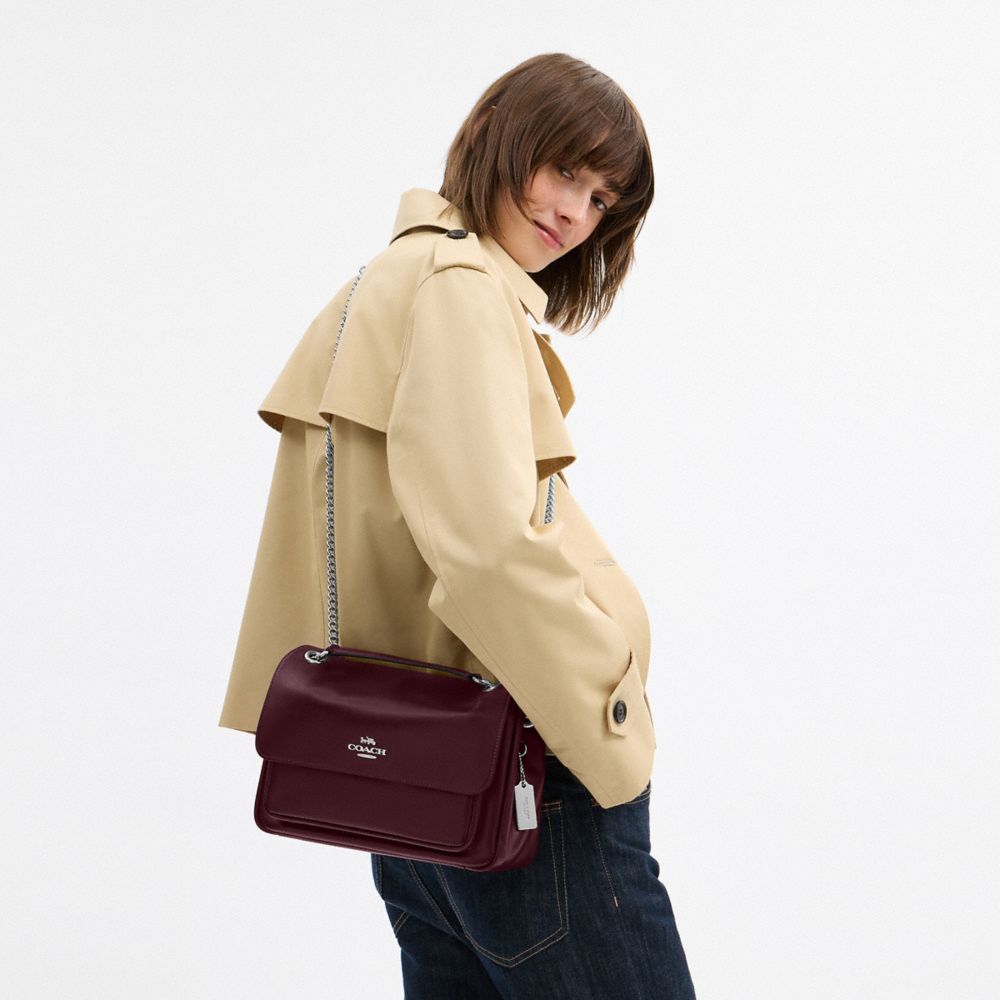 COACH®,Elodie Crossbody Bag,Leather,Shoulder Bag,Lined,Silver Metal,Day Party,Maroon