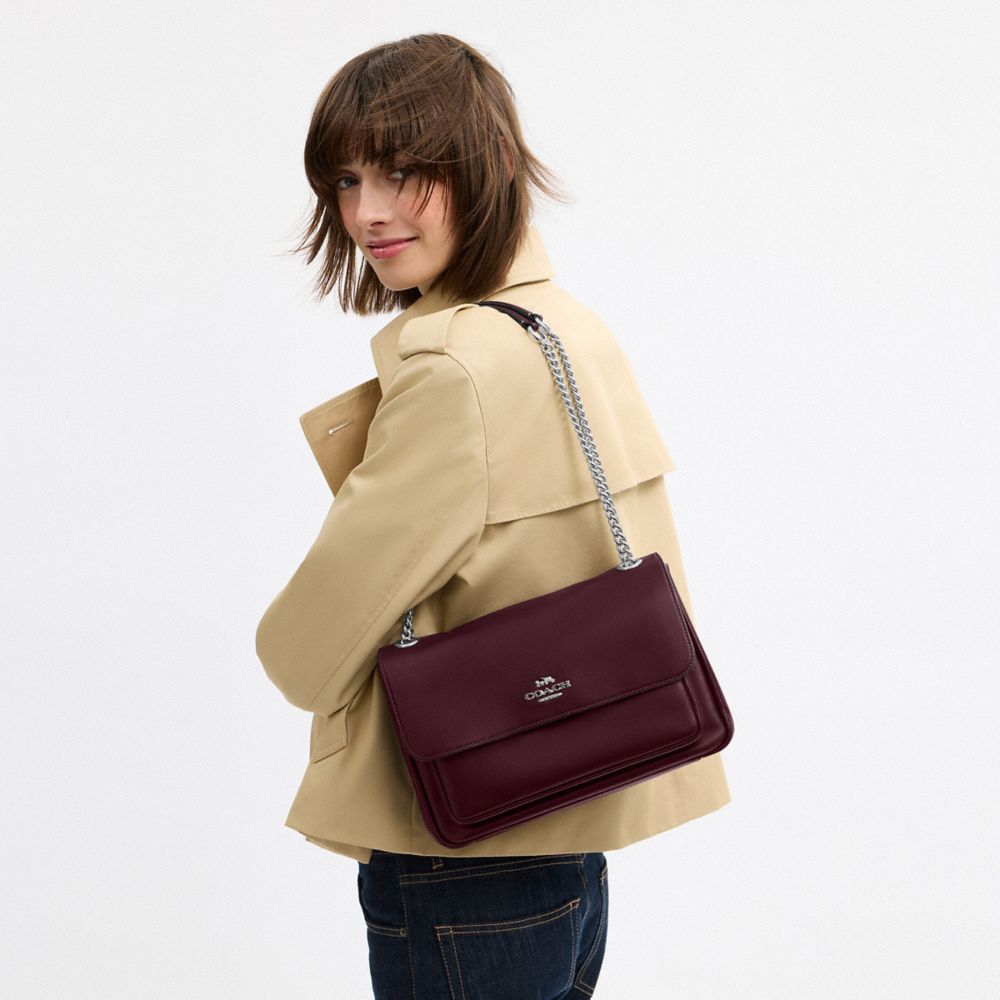 COACH®,Elodie Crossbody Bag,Leather,Shoulder Bag,Lined,Silver Metal,Day Party,Maroon,Detail View