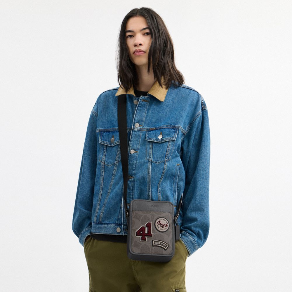 COACH®,Sullivan Crossbody Bag In Maxi Signature Canvas With Patches,Calfskin Leather,Canvas,Leather,Crossbody,Applique,Log...,Gray,Detail View