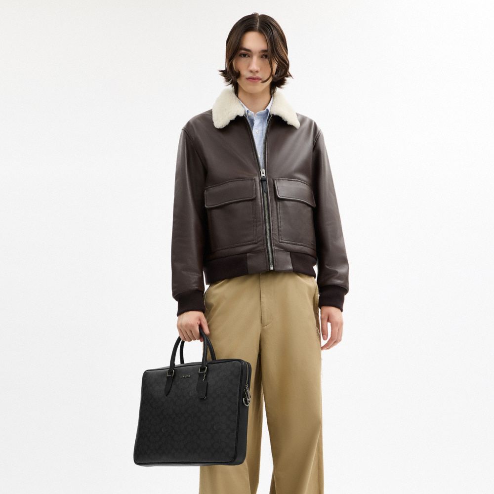 COACH®,Ethan Large Brief In Signature Canvas,Calfskin Leather,Leather,Canvas,Briefcase,Logo,Adjustable,Work,Black,Detail View