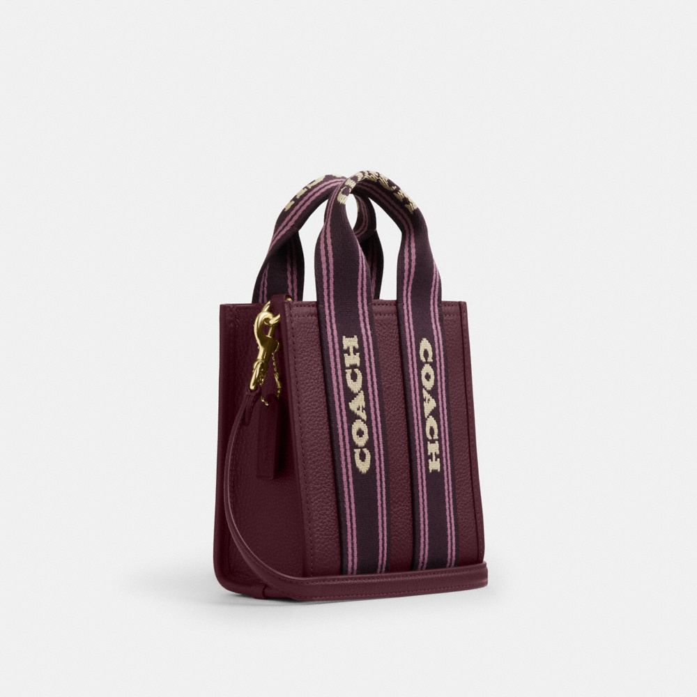 COACH®,Smith Mini Tote Bag,Leather,Lining Canvas,Tote,Logo,Luggage Tag,Compact,Adjustable,Lined,Gold Metal,Day Party,Maroon,Angle View