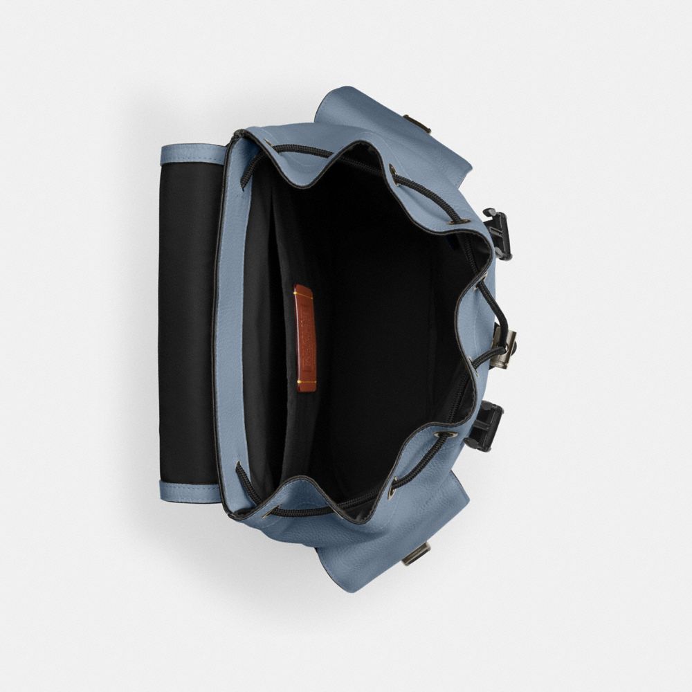 COACH®,Clark Backpack,Leather,Backpack,Lined,Adjustable,Suitcase Sleeve,Silver Metal,Casual,Blue,Inside View,Top View