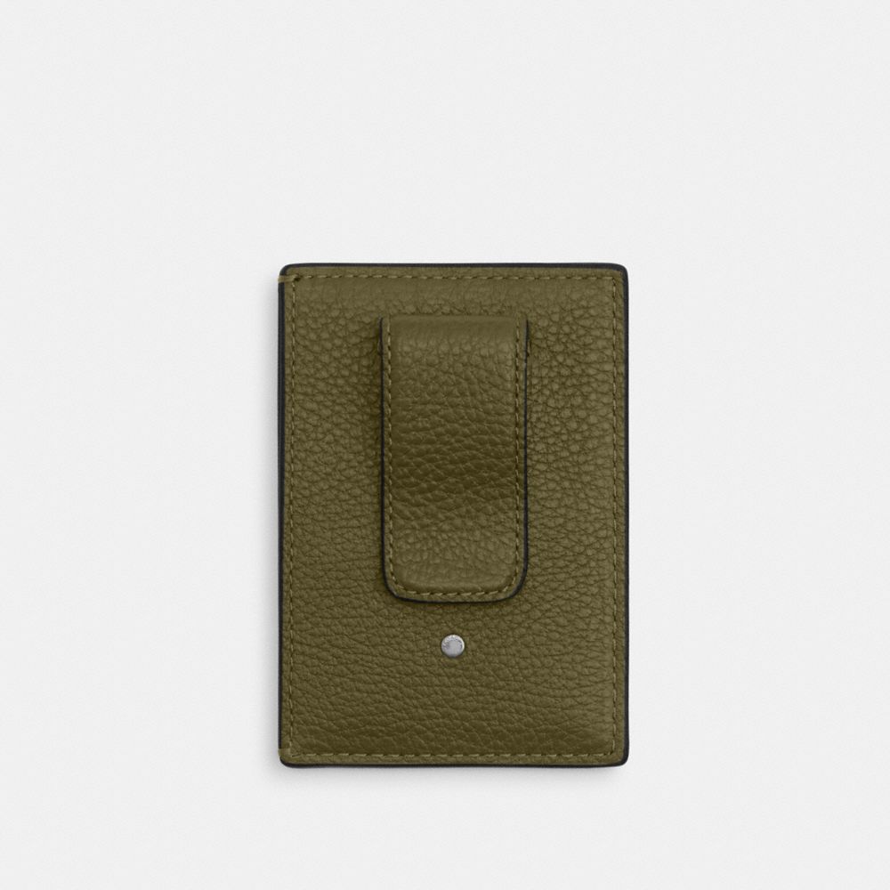 COACH®,Card Case With Money Clip,Leather,Card Case,Metal Material,Embellished,Metal,Money Clip,Casual,Olive,Back View