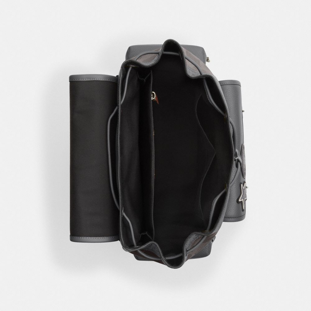 COACH®,Sprint Backpack In Maxi Signature Canvas With Patches,Calfskin Leather,Leather,Canvas,Backpack,Logo,Applique,Adjust...,Gray,Inside View,Top View