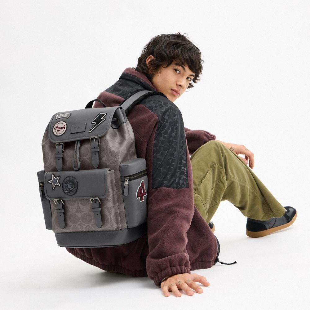COACH®,Sprint Backpack In Maxi Signature Canvas With Patches,Gray,Detail View