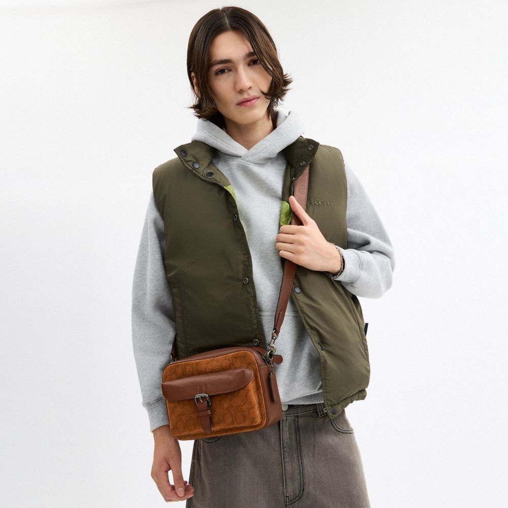 COACH®,Warner Crossbody Bag In Signature Suede,Brown,Detail View