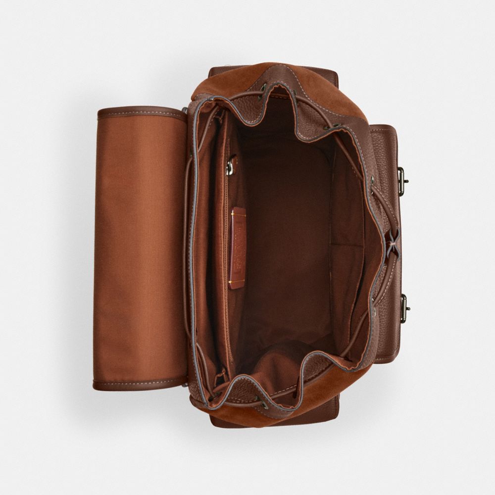 COACH®,Sprint Backpack,Leather,Suede,Calfskin Leather,Backpack,Metal,Adjustable,Suitcase Sleeve,Lined,Casual,Brown,Inside View,Top View