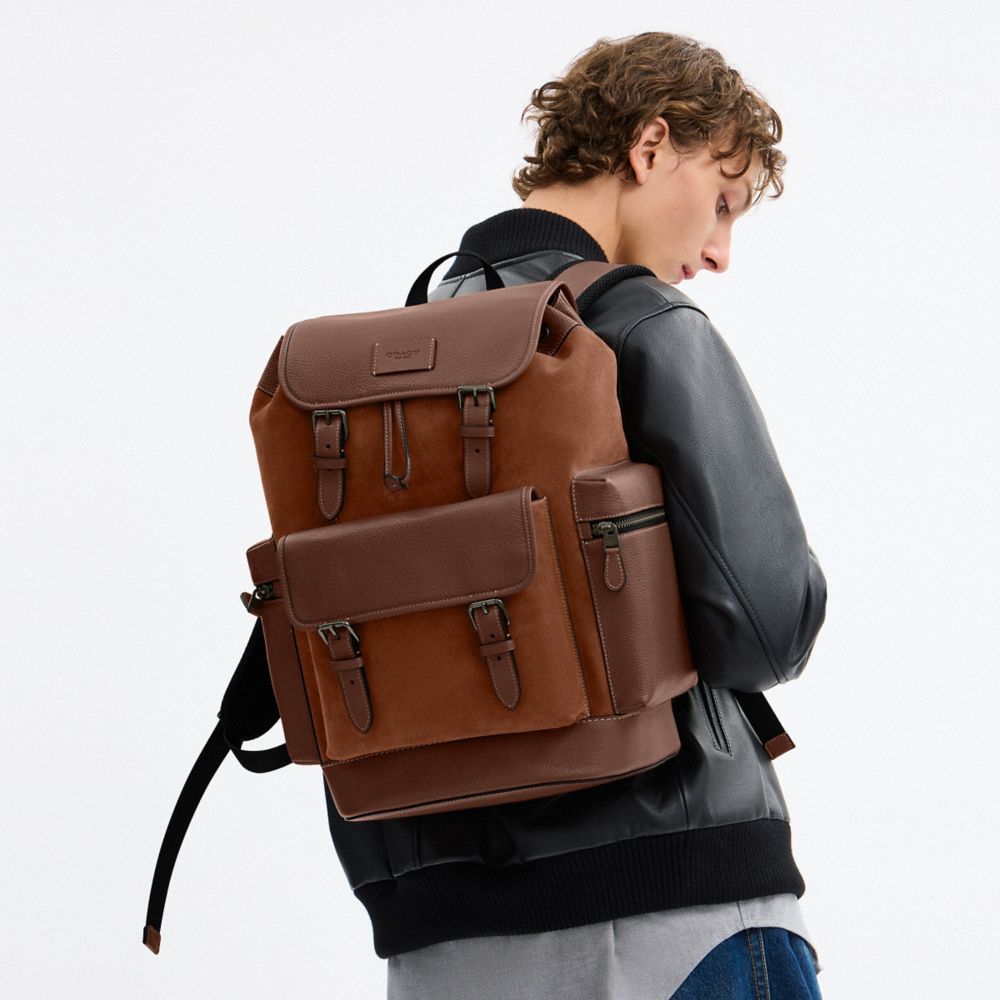 COACH®,Sprint Backpack,Calfskin Leather,Leather,Suede,Backpack,Metal,Adjustable,Suitcase Sleeve,Lined,Casual,Brown,Detail View